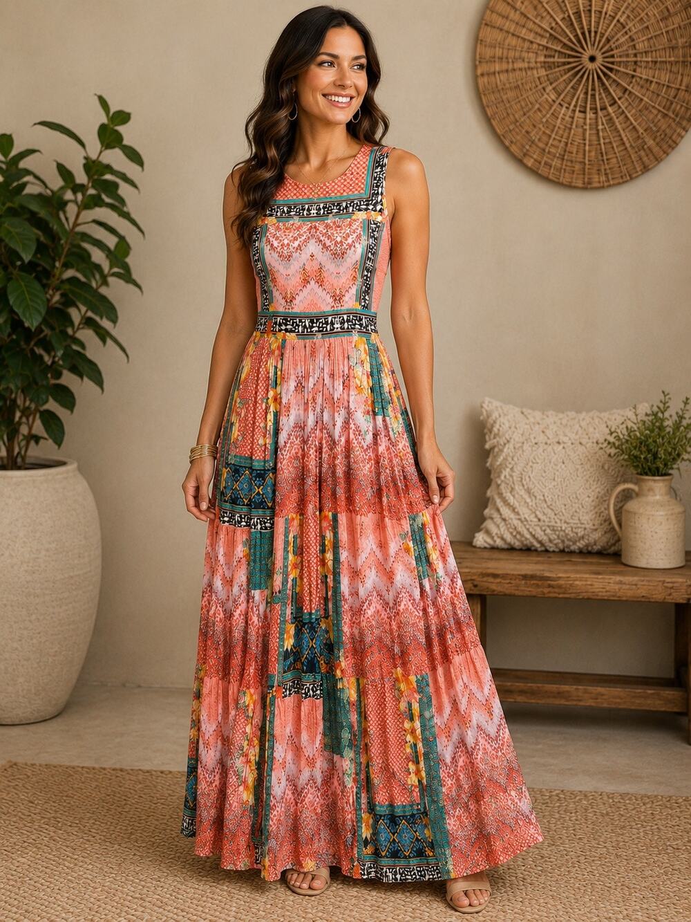Anthropologie Bhanuni by Jyoti Maxi Dress Pink Boho Patchwork Sleeveless Beaded